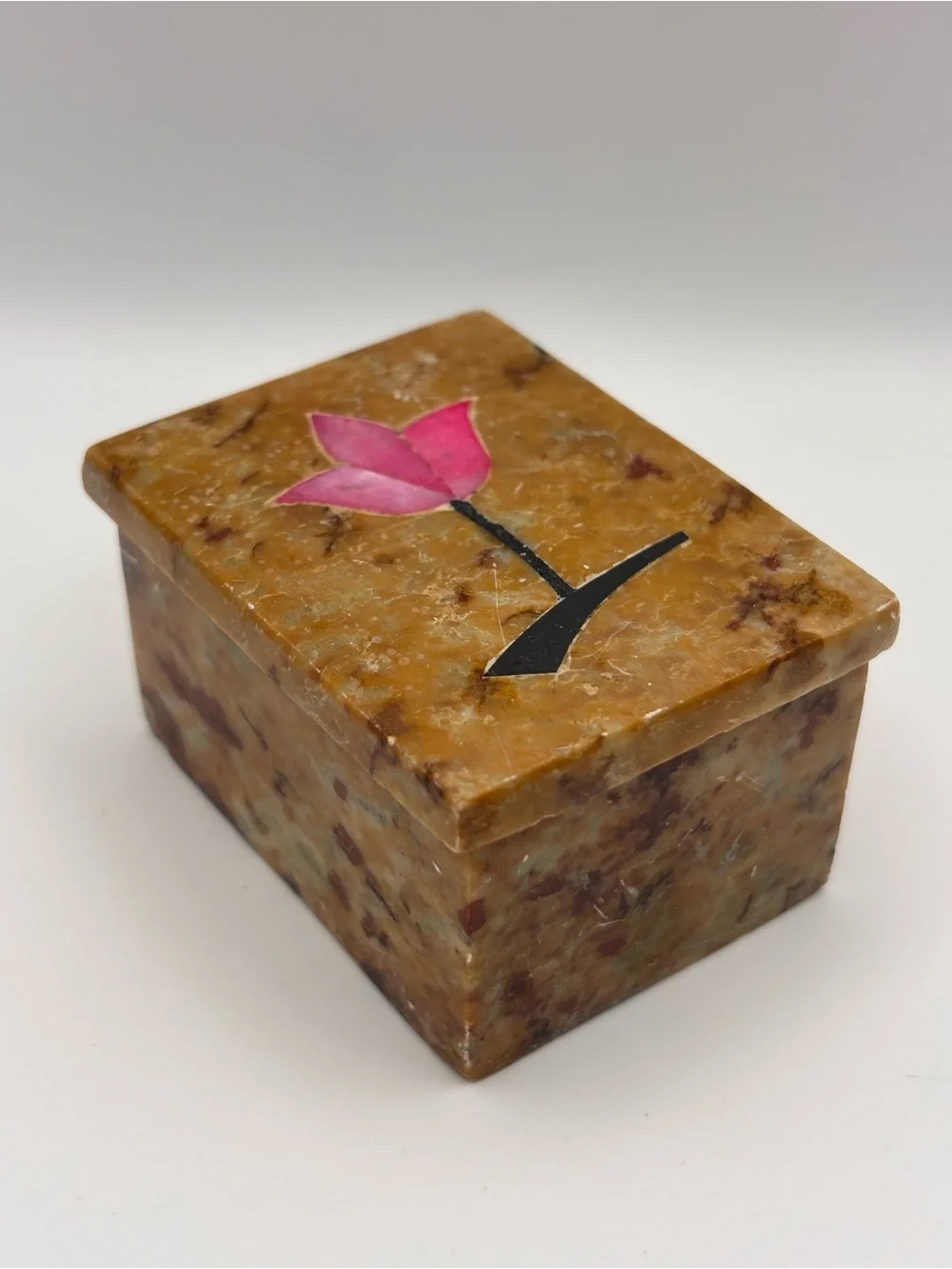 Vintage Stone or Marble Trinket Box with Pink Mother-of-Pearl Flower Accent